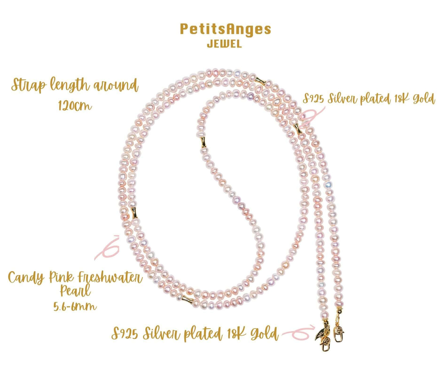 Candy pink freshwater pearl cross-body phone strap, 120cm, with 925 silver plated 18K gold accents.