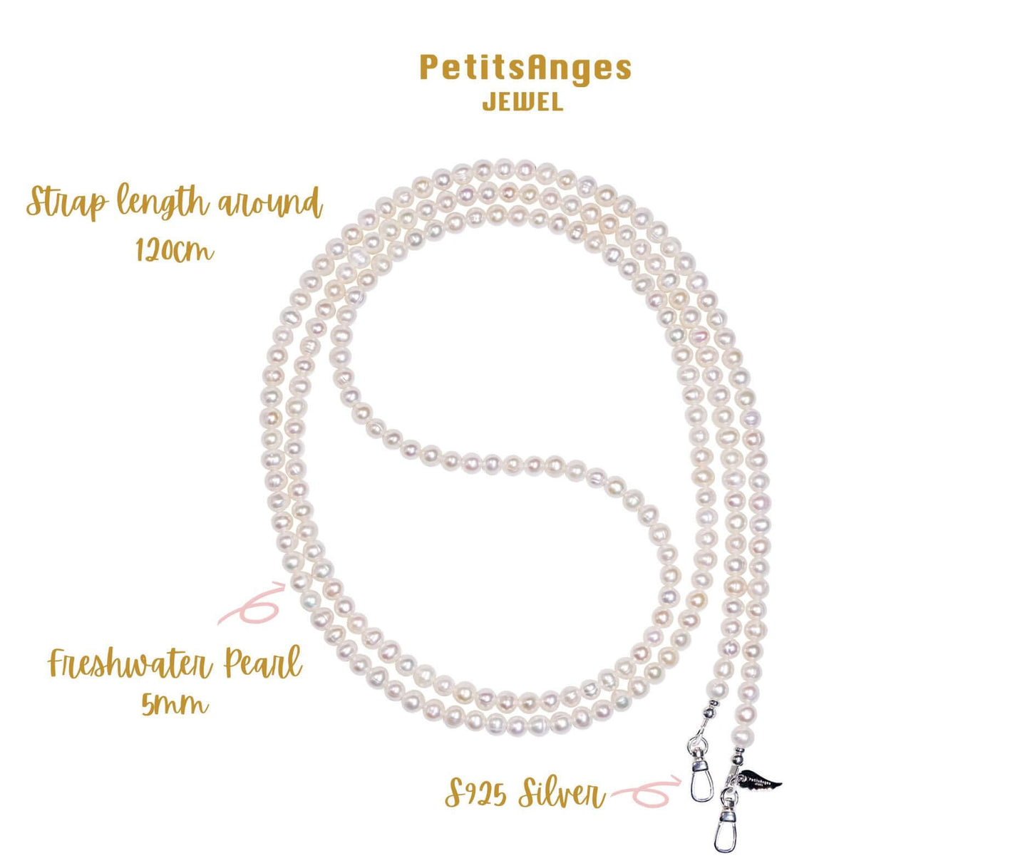 Classic pearl cross-body phone strap/necklace with 120cm length and 5mm freshwater pearls, crafted in925 silver.