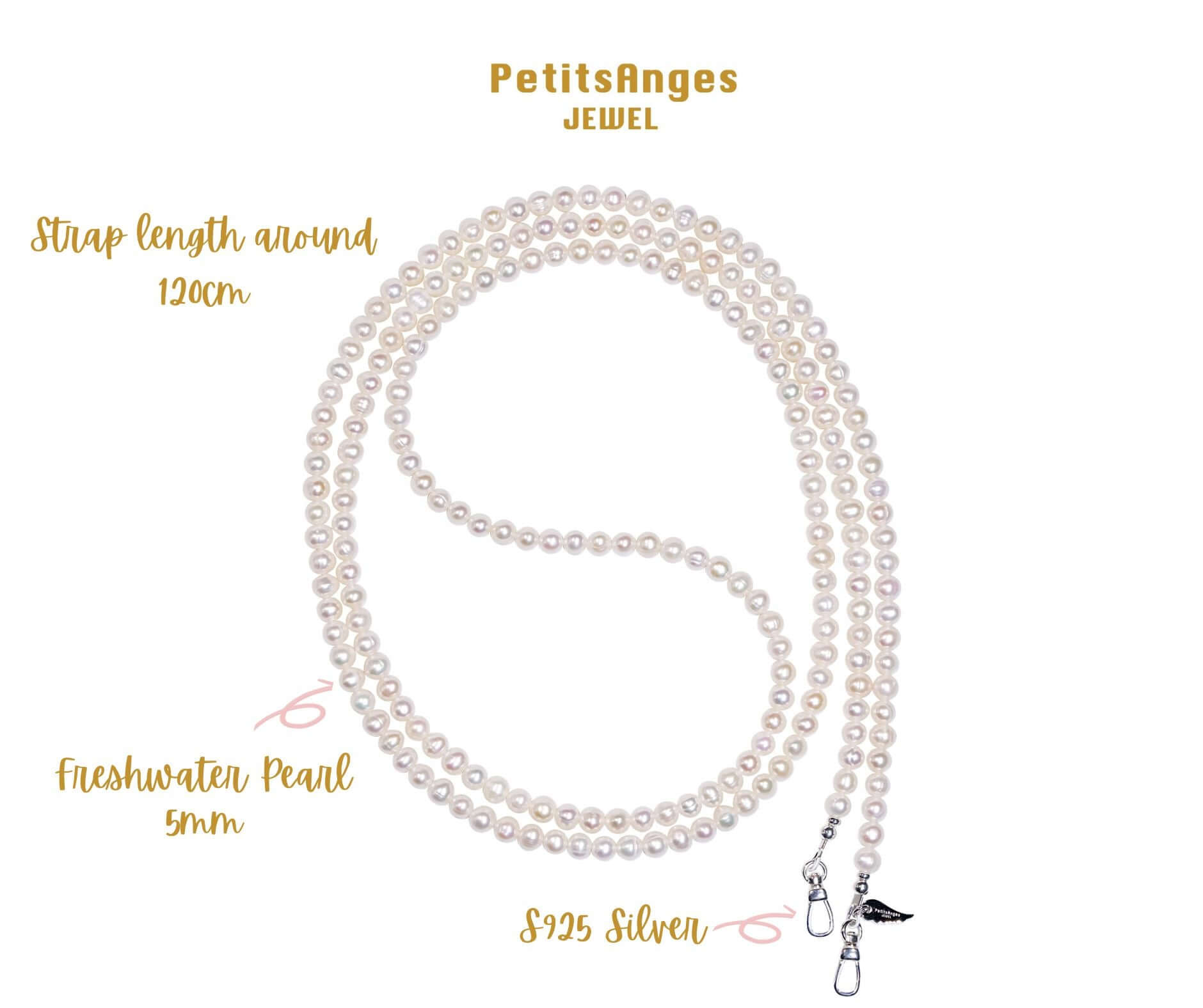 Classic pearl cross-body phone strap/necklace with 120cm length and 5mm freshwater pearls, crafted in925 silver.
