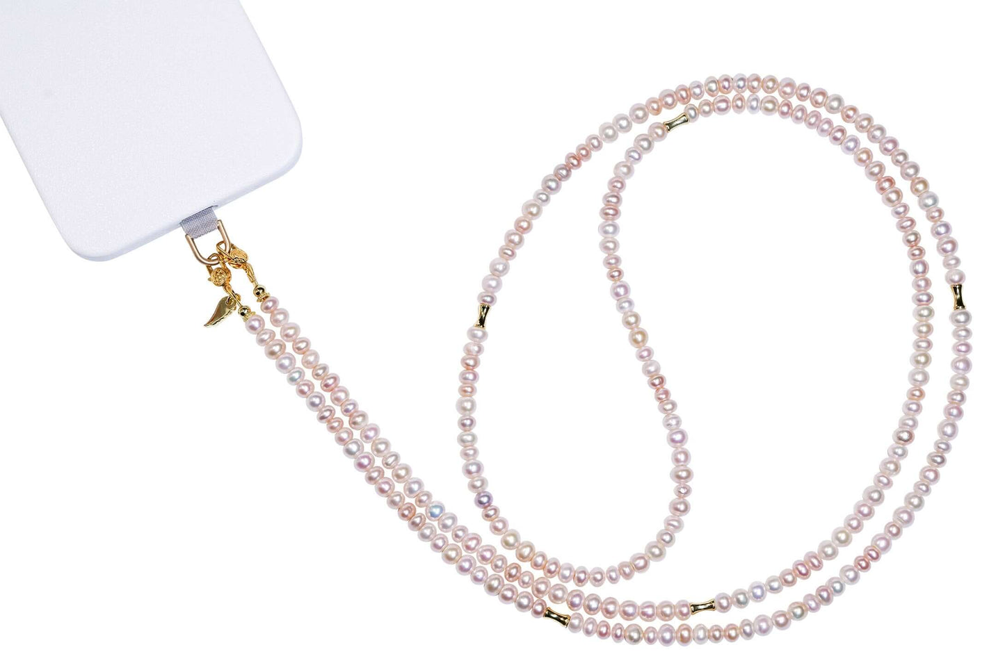 Candy pearl cross-body phone strap necklace with natural pearls and silver accents, perfect for stylish phone carrying.