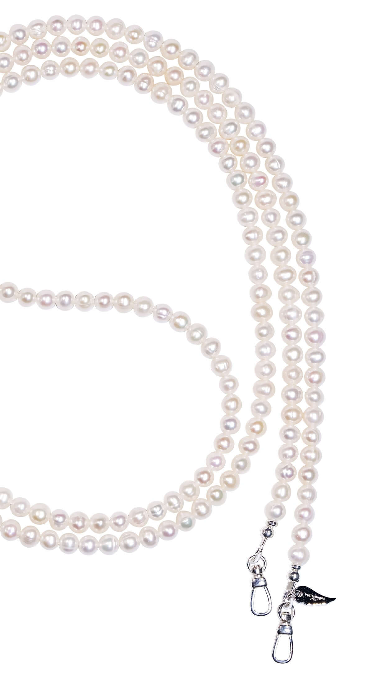 Classic pearl cross-body phone strap/necklace featuring natural pearls and silver clips for versatile use.