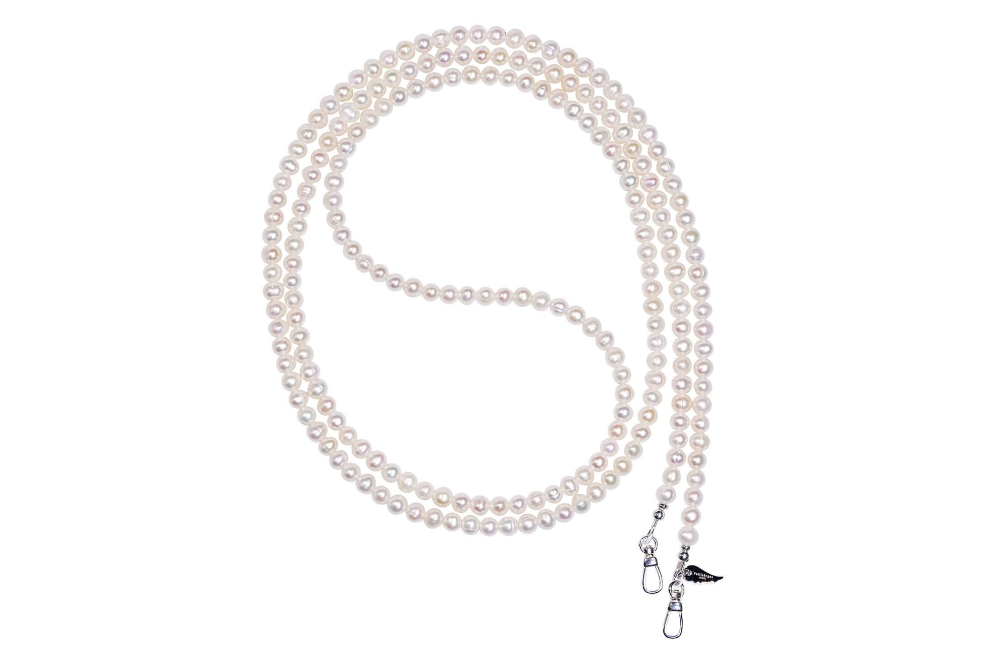 Classic cross-body phone strap and necklace made of natural pearls, featuring elegant luster and versatile design.