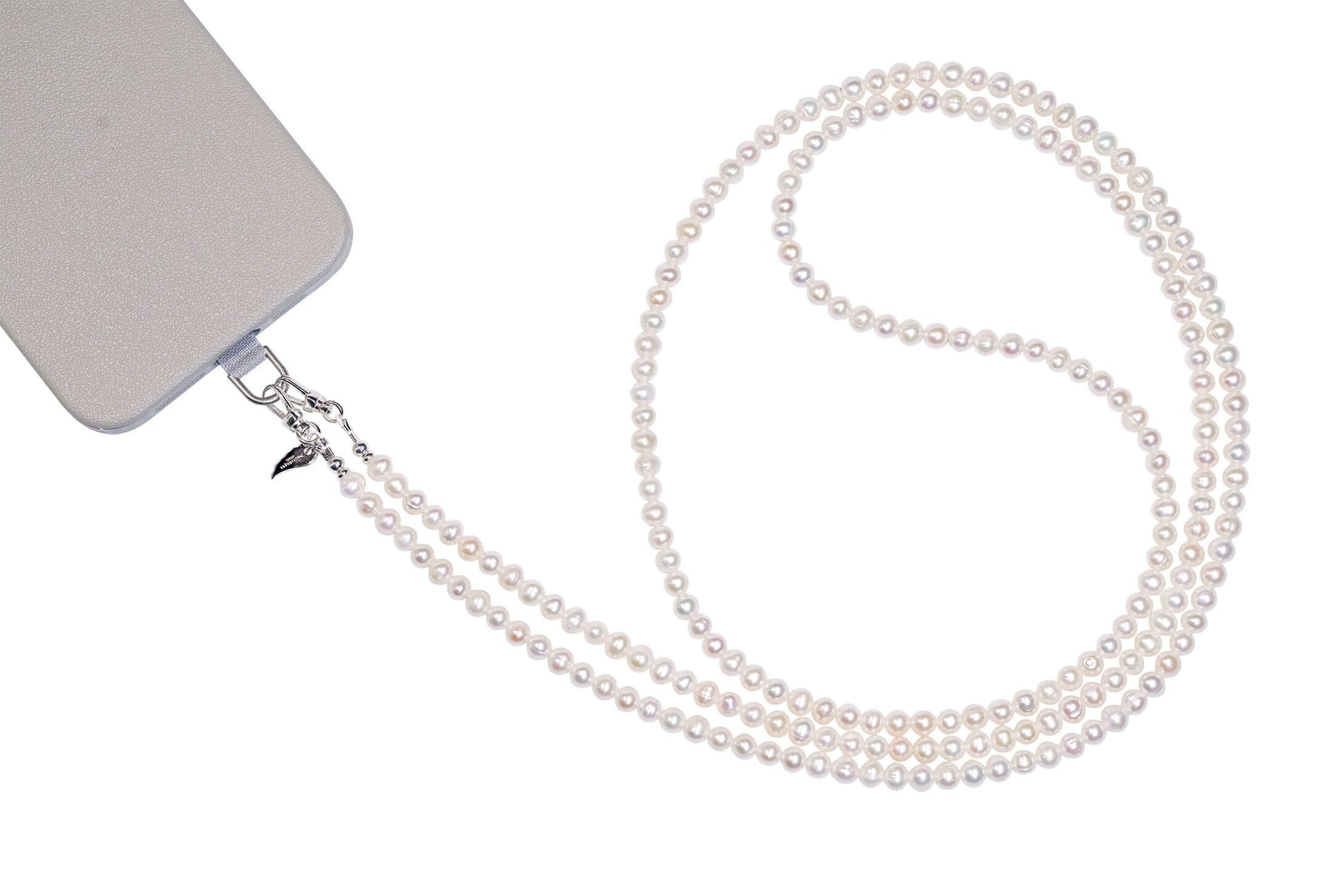Classic pearl cross-body phone strap/necklace showcasing natural pearls in a stylish and elegant design.
