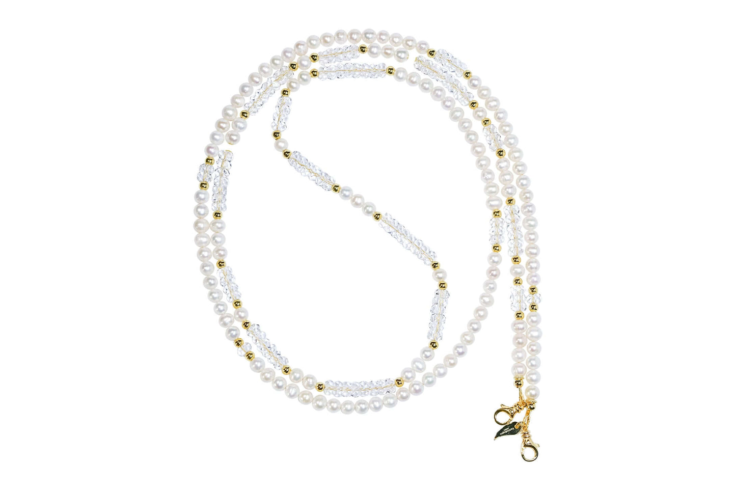 Pearl-White Crystal Cross-body Phone Strap/ Necklace with gold accents, showcasing high-quality pearls and crystals.