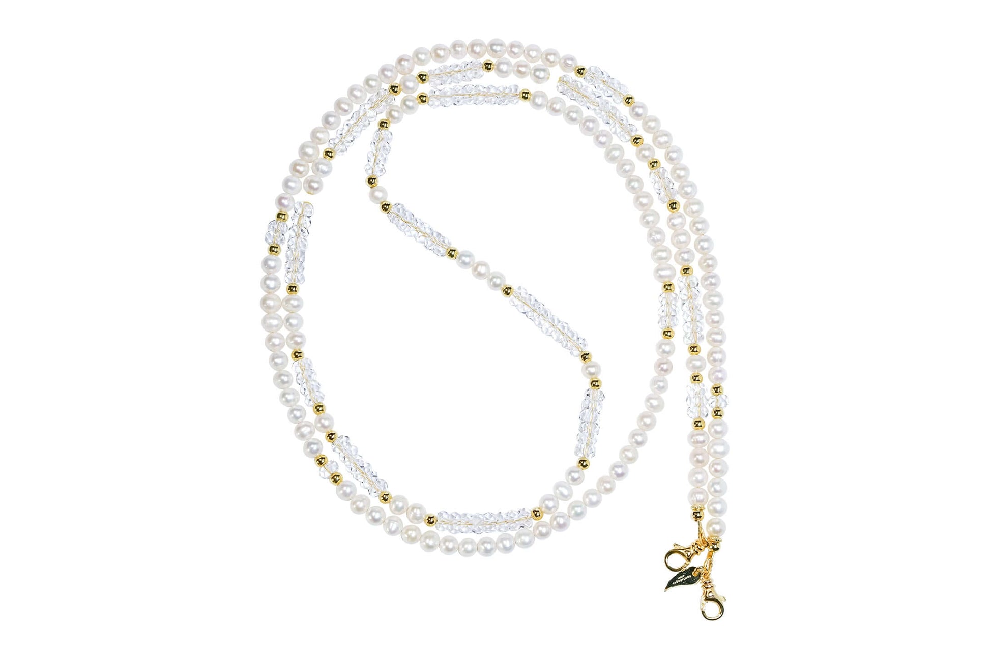 Pearl-White Crystal Cross-body Phone Strap/ Necklace with gold accents, showcasing high-quality pearls and crystals.
