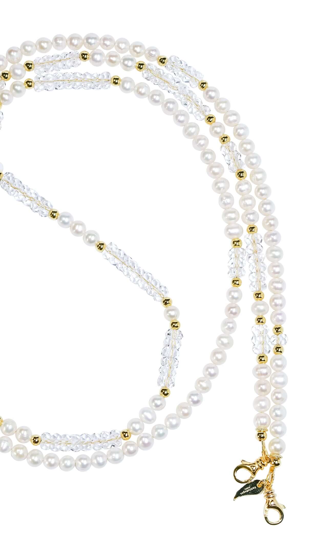 Elegant Pearl-White Crystal Cross-body Phone Strap/ Necklace with sterling silver accents, versatile two-way design.