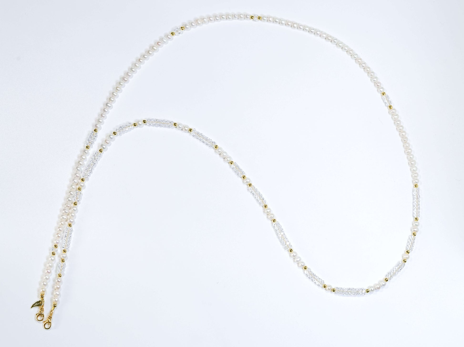 Pearl-White Crystal Cross-body Phone Strap/ Necklace with gold accents, versatile two-way design for phone or jewelry.