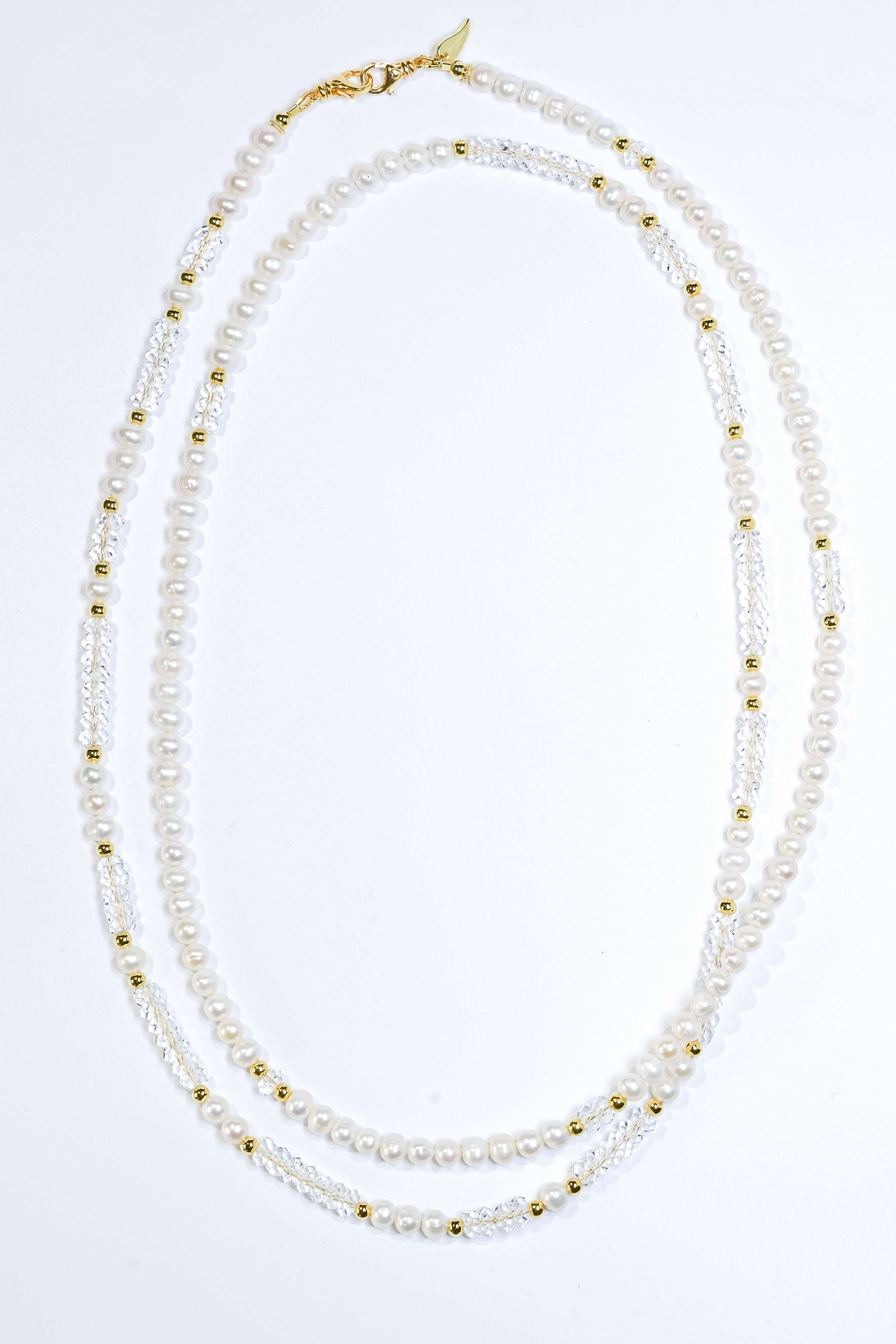 Pearl-White Crystal Cross-body Phone Strap/ Necklace with natural pearls and golden accents, versatile two-way accessory.