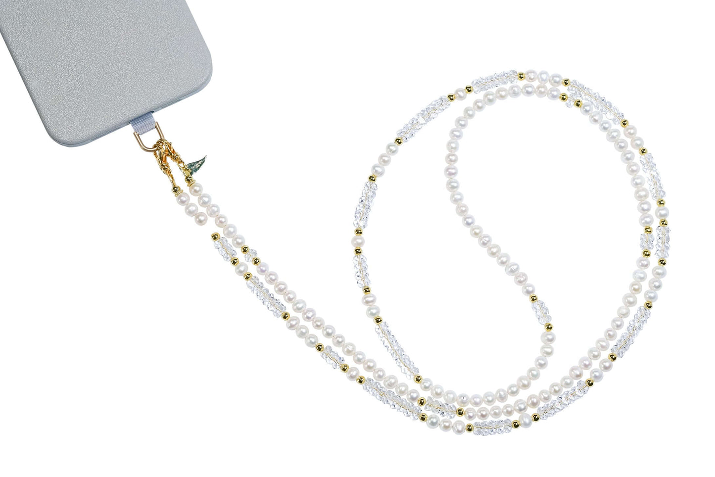 Pearl-White Crystal Cross-body Phone Strap/ Necklace with pearls and crystals elegantly displayed, ideal for hands-free use.