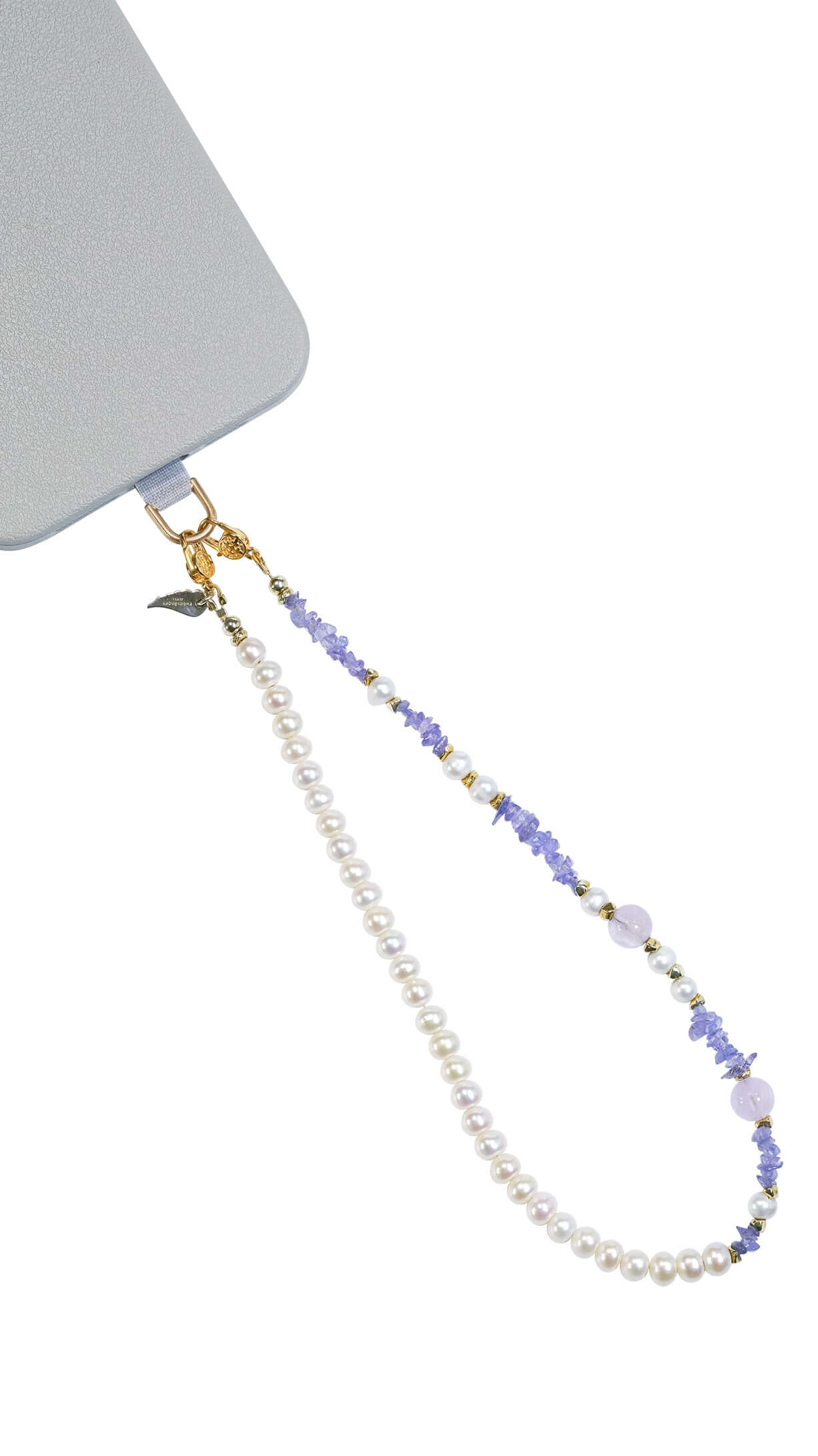 Pearl-Tanzanite-Lavender Amethyst-Silver phone charm bracelet, showcasing a stylish phone strap design.