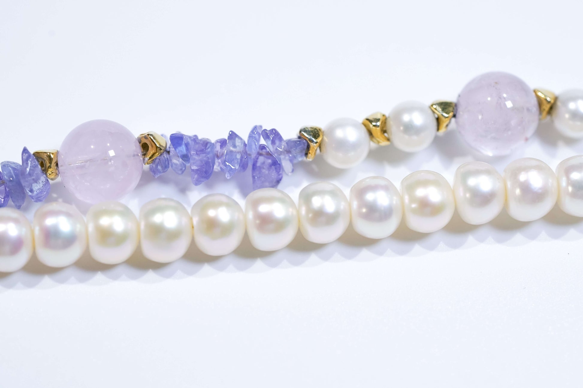 Pearl-Tanzanite-Lavender Amethyst-Silver Phone Charm/Bracelet close-up detail showcasing beautiful gemstones and pearls.