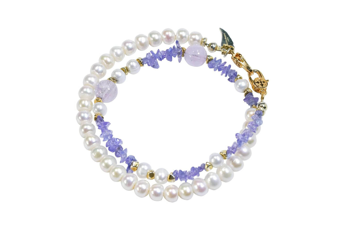 Pearl-Tanzanite-Lavender Amethyst-Silver Phone Charm Bracelet, elegant two-way accessory for stylish phone enhancement.