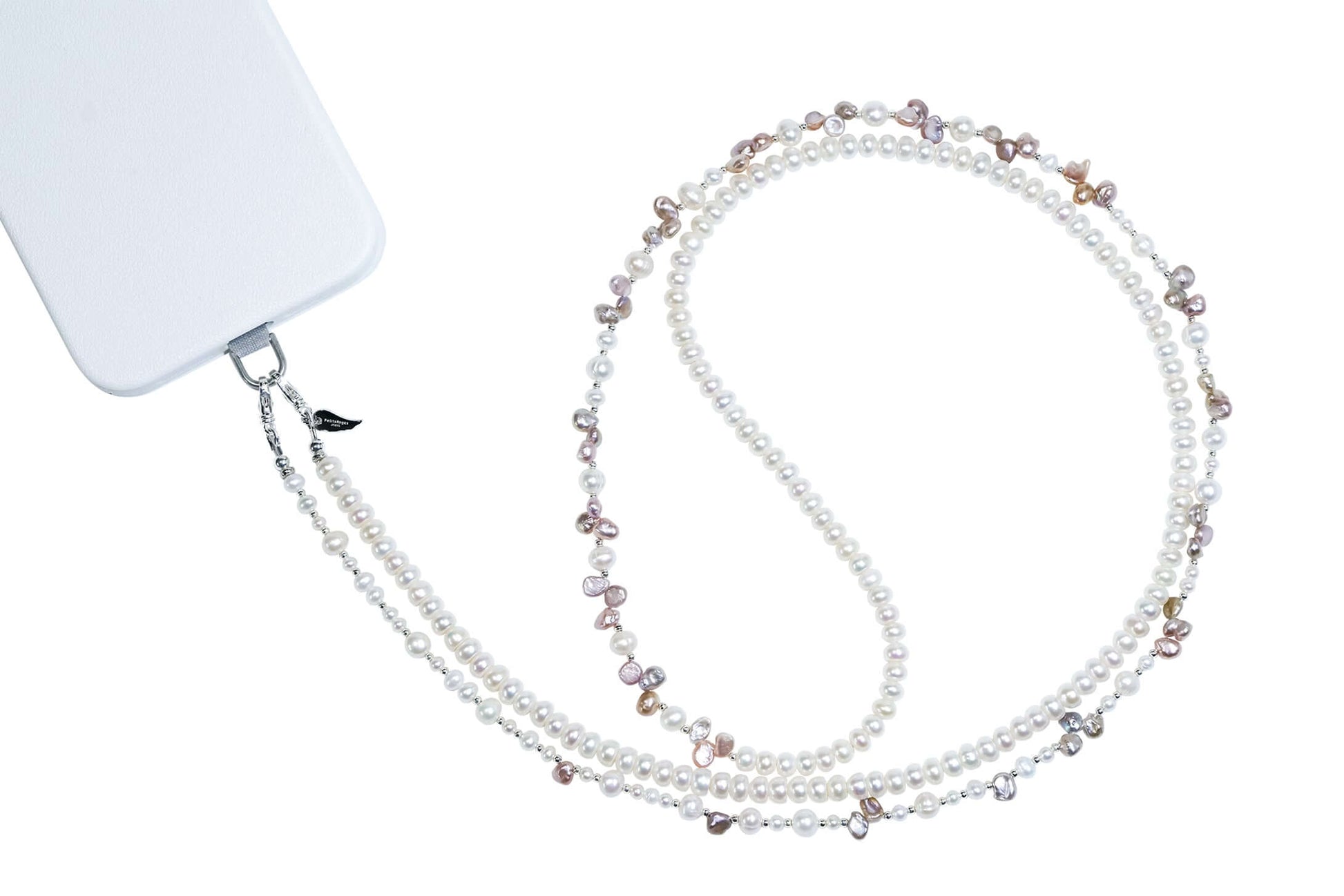 White Pearl-Petal Purple Pearl Phone Strap/Necklace, a stylish two-way accessory combining elegance and functionality.