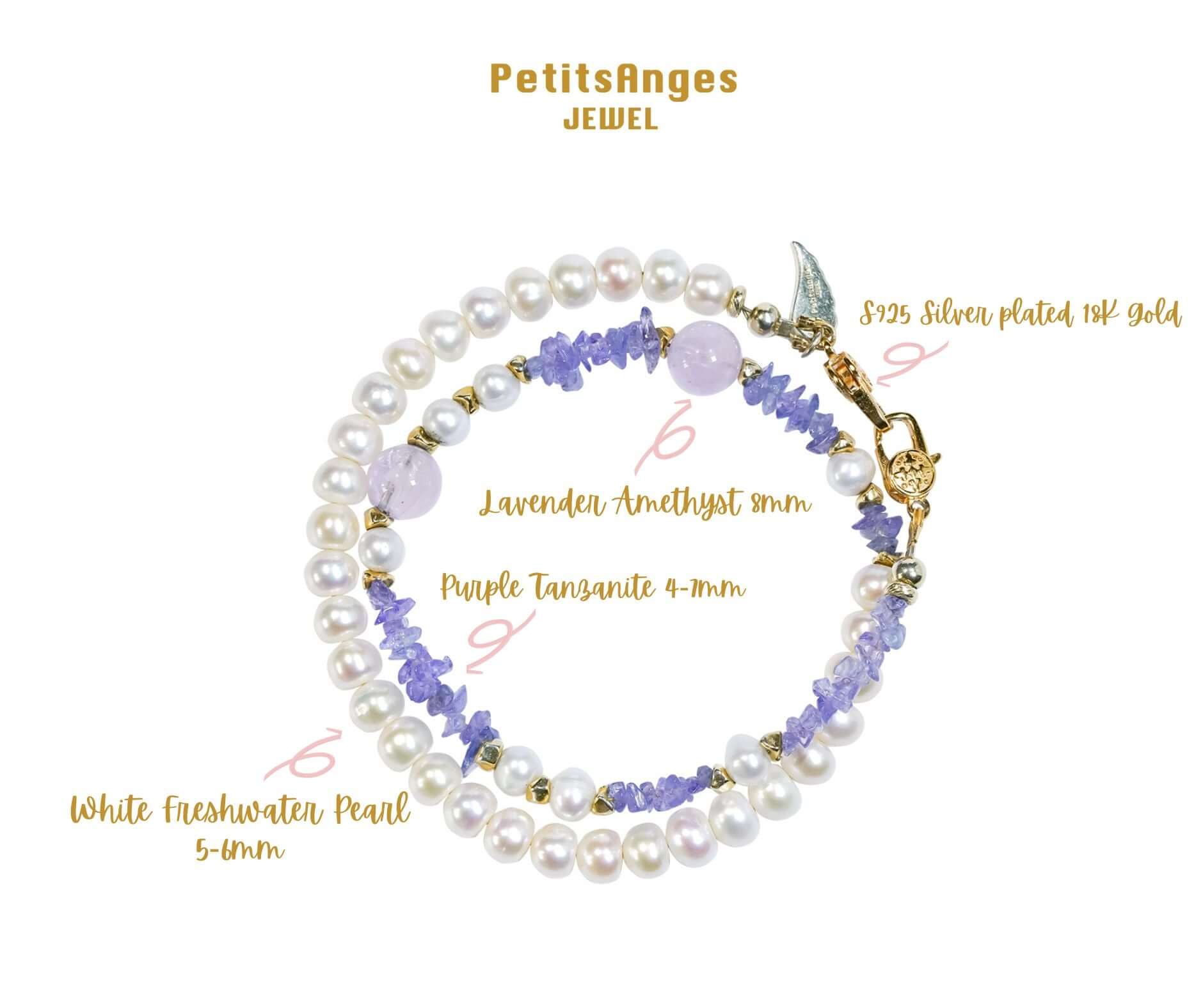 Pearl-Tanzanite-Lavender Amethyst-Silver Phone Charm/Bracelet featuring freshwater pearls and purple stones.