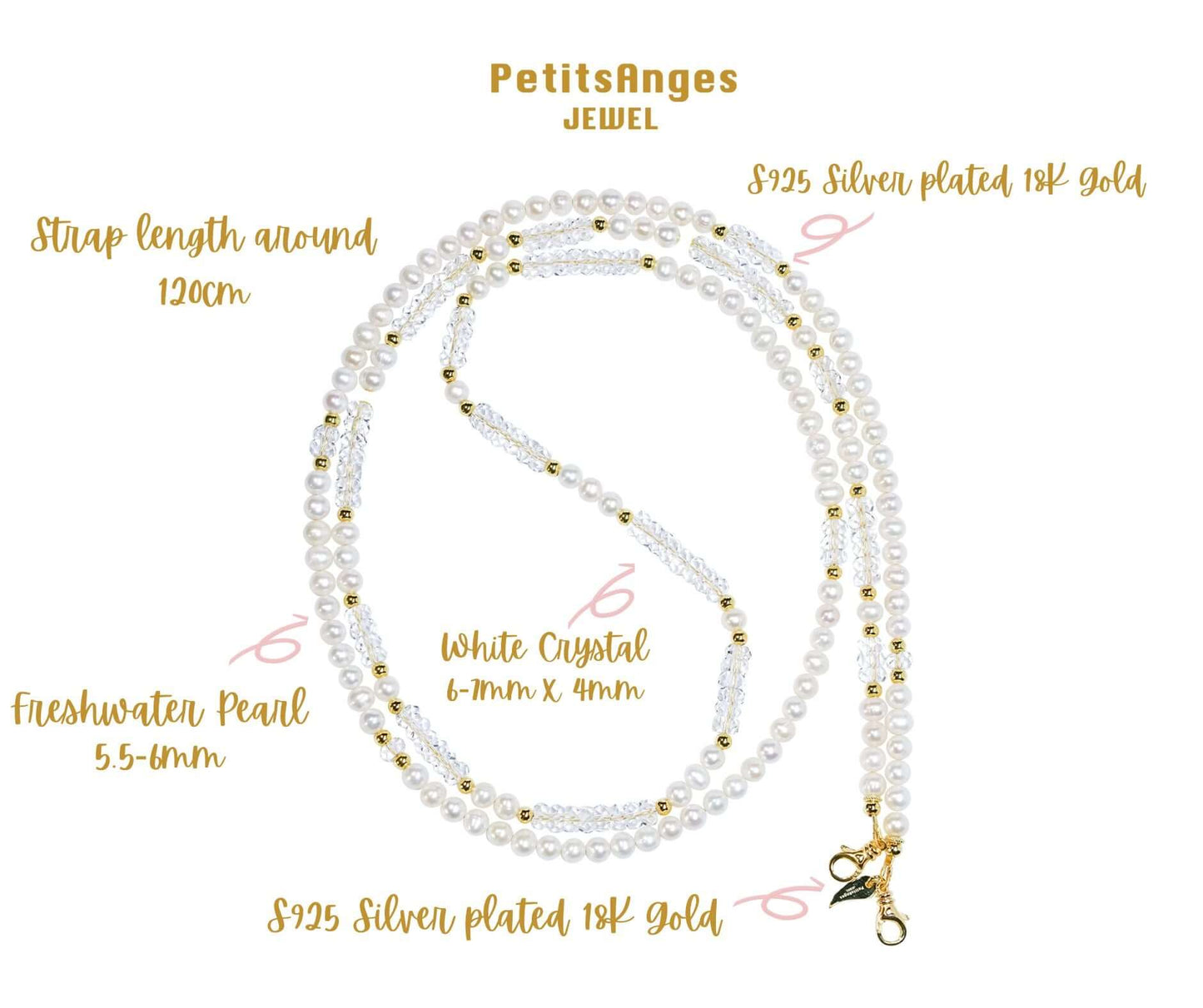 Pearl-White Crystal Cross-body Phone Strap/ Necklace with 925 silver and gold accents, featuring freshwater pearls and white crystals.