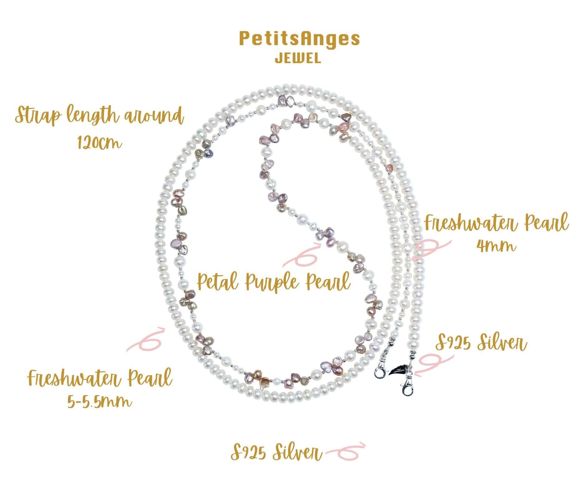 White Pearl-Petal Purple Pearl Phone Strap/Necklace, 120cm, featuring Freshwater and Petal Purple Pearls with S925 Silver hardware.