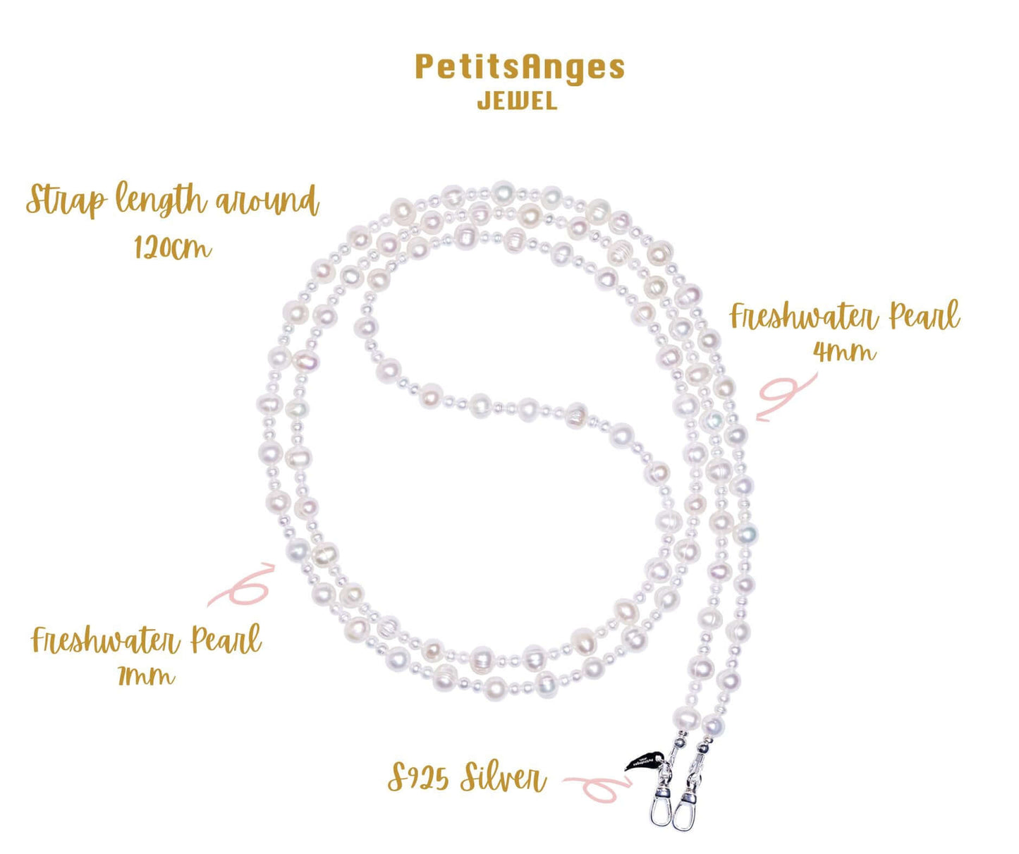 Freshwater pearl cross-body phone strap with varying sizes, 925 silver clasps, 120cm length by Petits Anges Jewel.