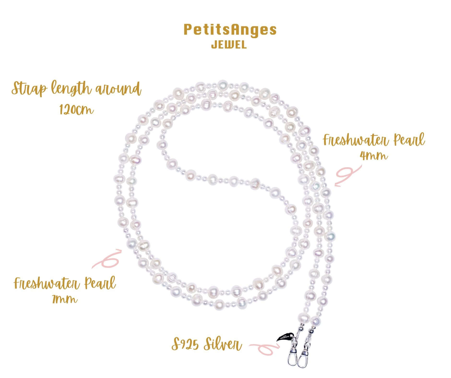 Freshwater pearl cross-body phone strap with varying sizes, 925 silver clasps, 120cm length by Petits Anges Jewel.