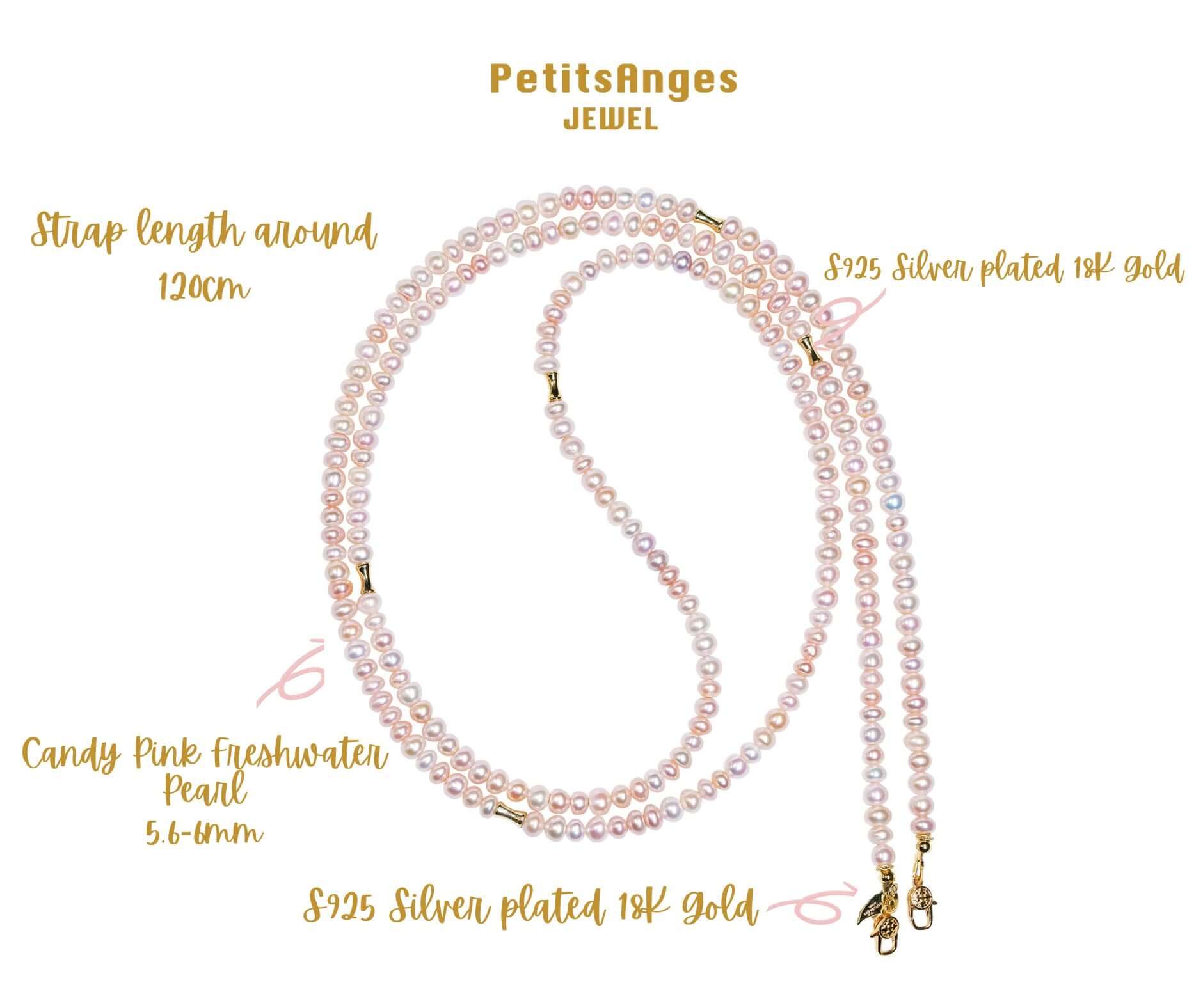 Candy pink freshwater pearl phone strap with 925 silver plated 18K gold accents, 120cm in length, by PetitsAnges Jewel.