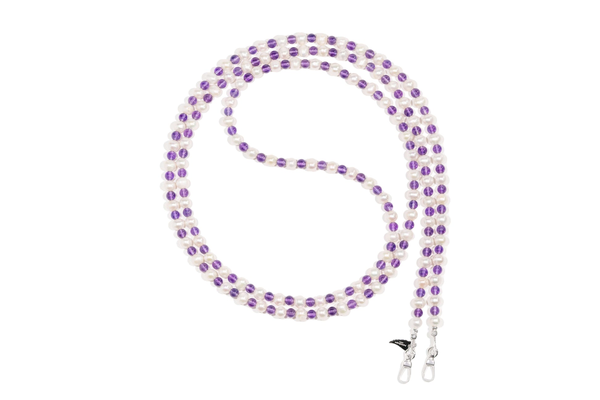 Pearl-Amethyst cross-body phone strap with freshwater pearls and amethyst stones, featuring S925 silver hardware, 120cm length.