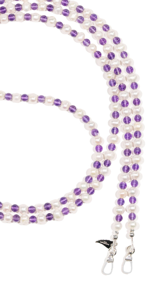 Elegant Pearl-Amethyst cross-body phone strap with S925 silver hardware, featuring natural pearls and amethyst stones, 120cm length.