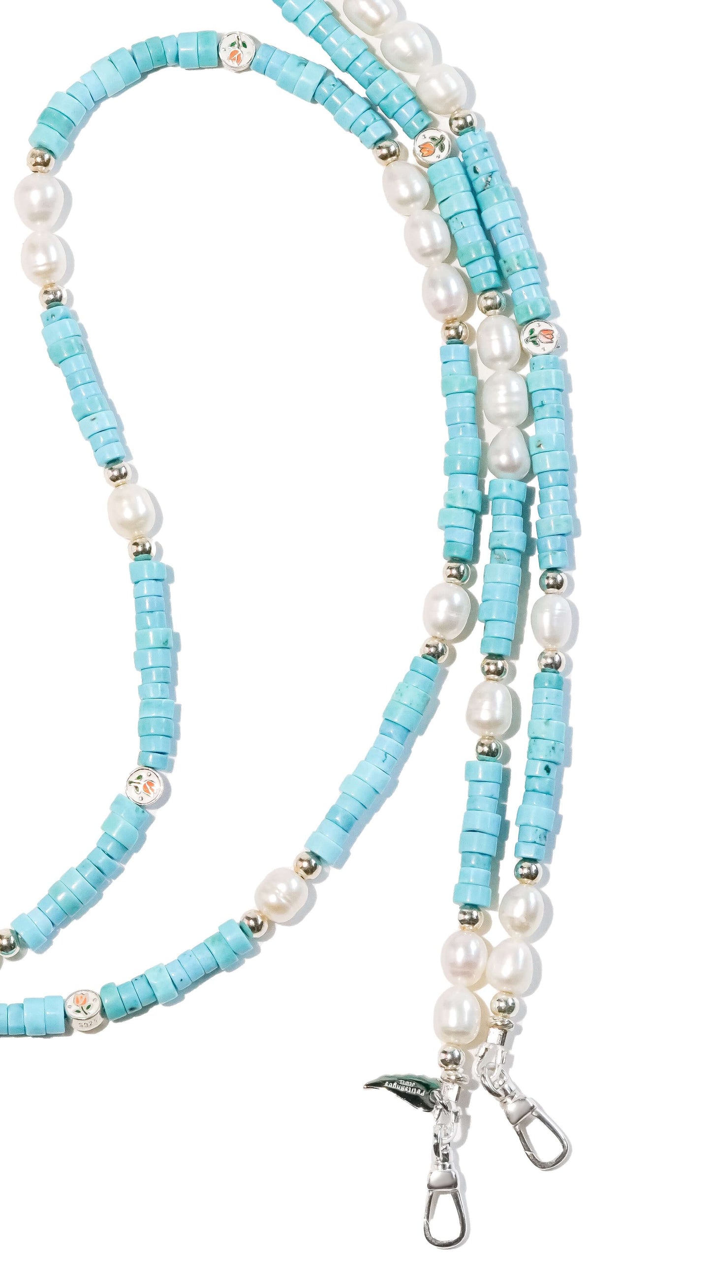 Pearl turquoise cross-body phone strap with freshwater pearls and S925 silver hardware for stylish phone security.