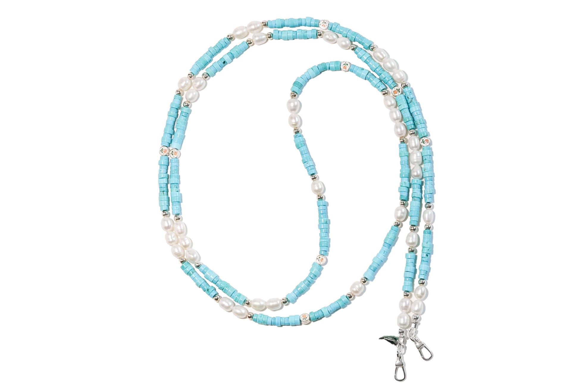 Pearl-turquoise cross-body phone strap with freshwater pearls and turquoise beads, featuring S925 silver hardware, 120cm length.