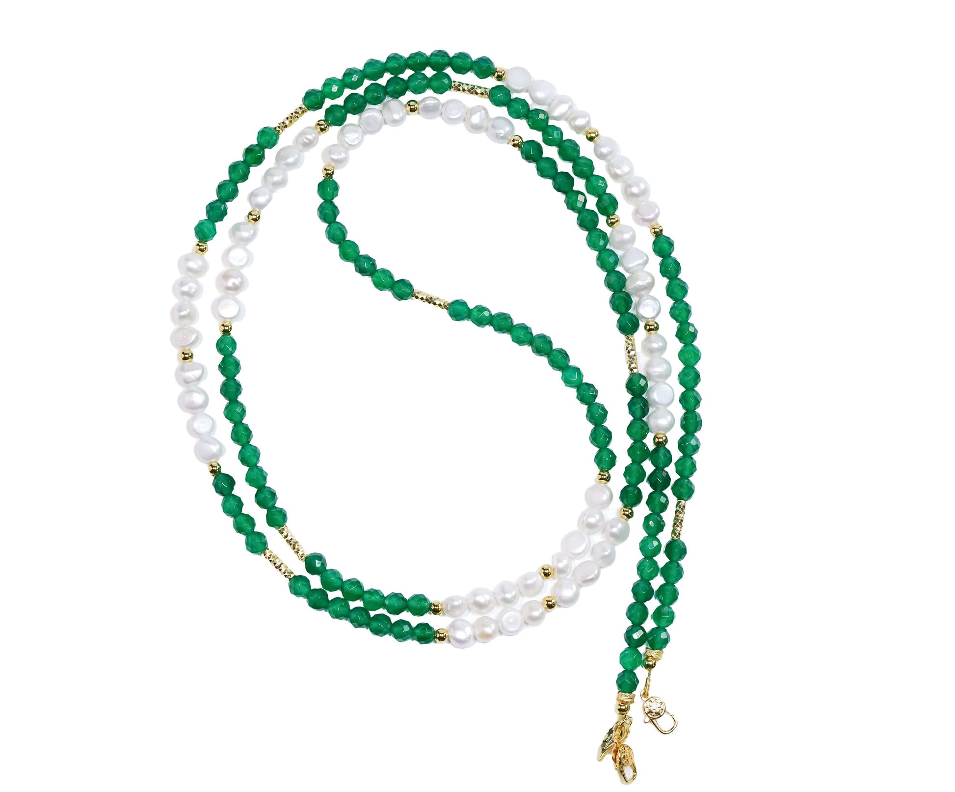 Pearl-Green agate cross-body phone strap with natural baroque pearls and green agate beads, featuring S925 silver plated in 18K gold.