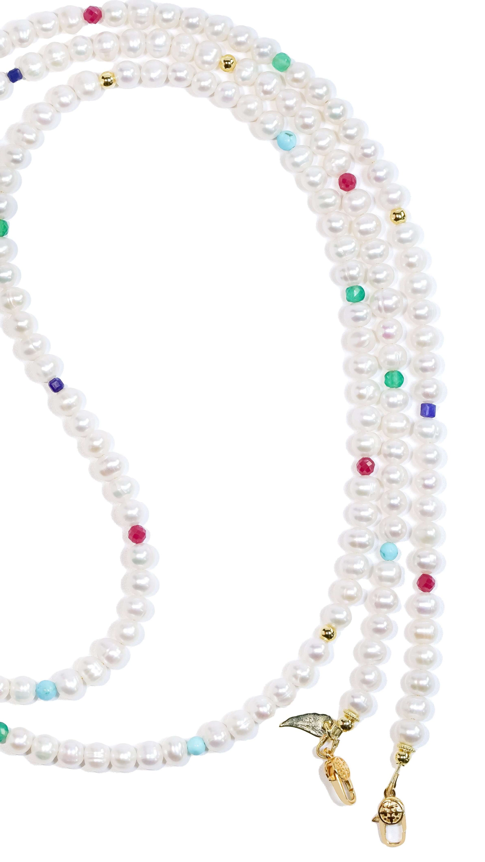 Multi-gemstone pearl phone strap with pearls, ruby, green agate, lazurite, turquoise, and gold-plated silver hardware, 120cm long.