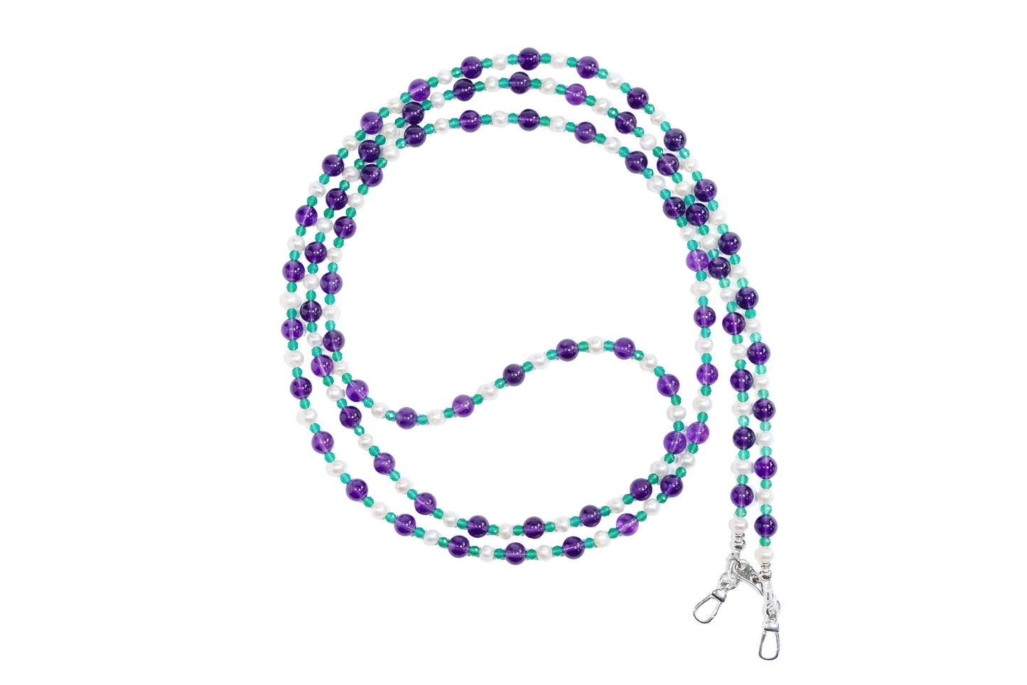 Pearl, amethyst, and green agate cross-body phone strap with S925 silver hardware, 120cm length, promotes balance and elegance.