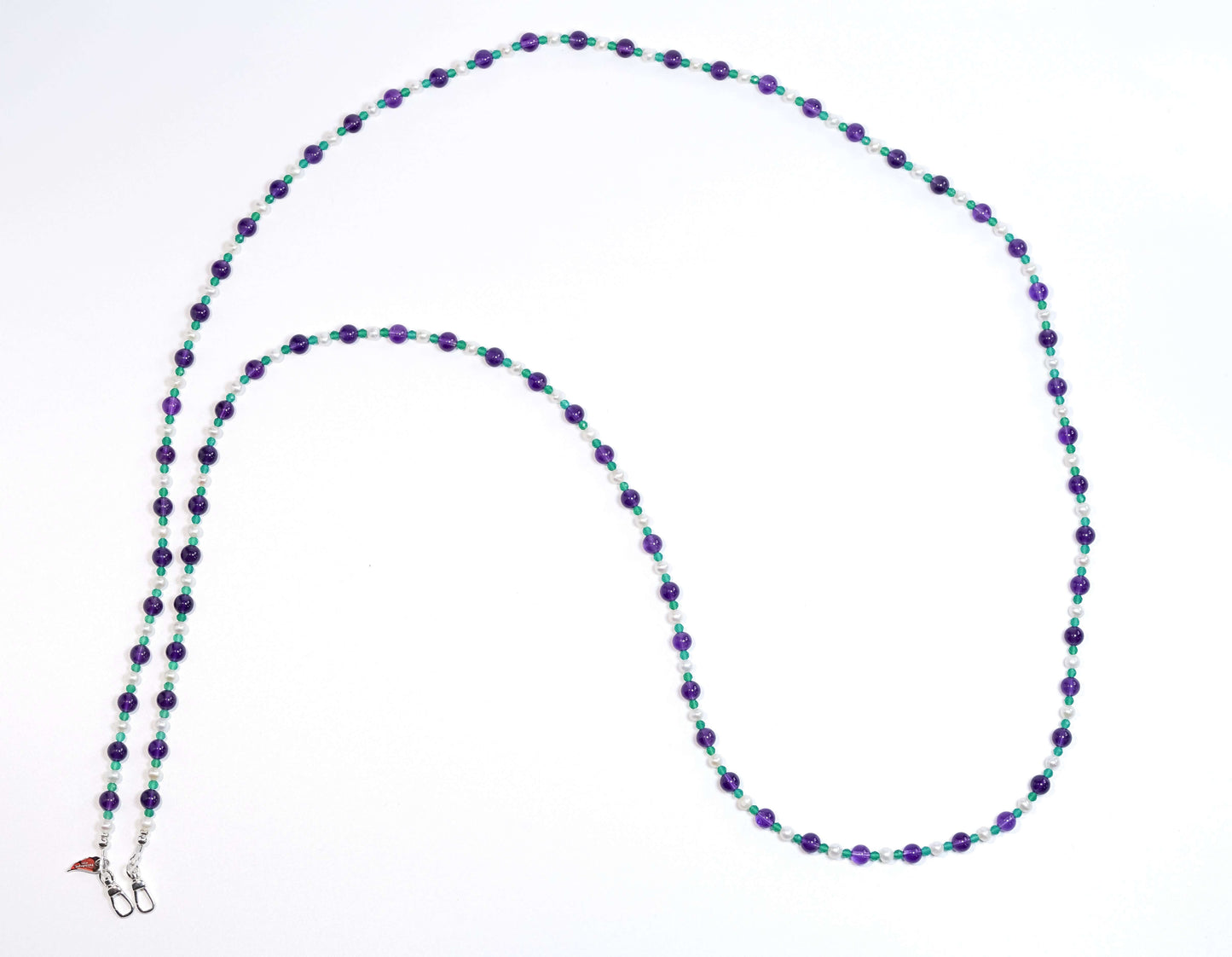 Pearl and amethyst cross-body phone strap with green agate beads and S925 silver hardware, 120cm long, elegant accessory.