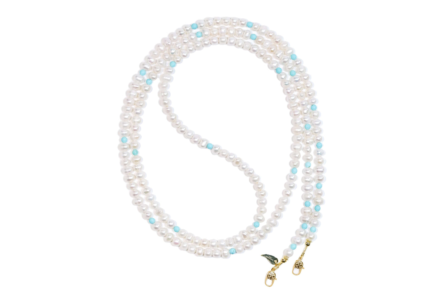 Elegant Pearl-Turquoise Cross-body Phone Strap with Freshwater Pearls, Turquoise Beads, and Gold Plated S925 Silver Hardware.