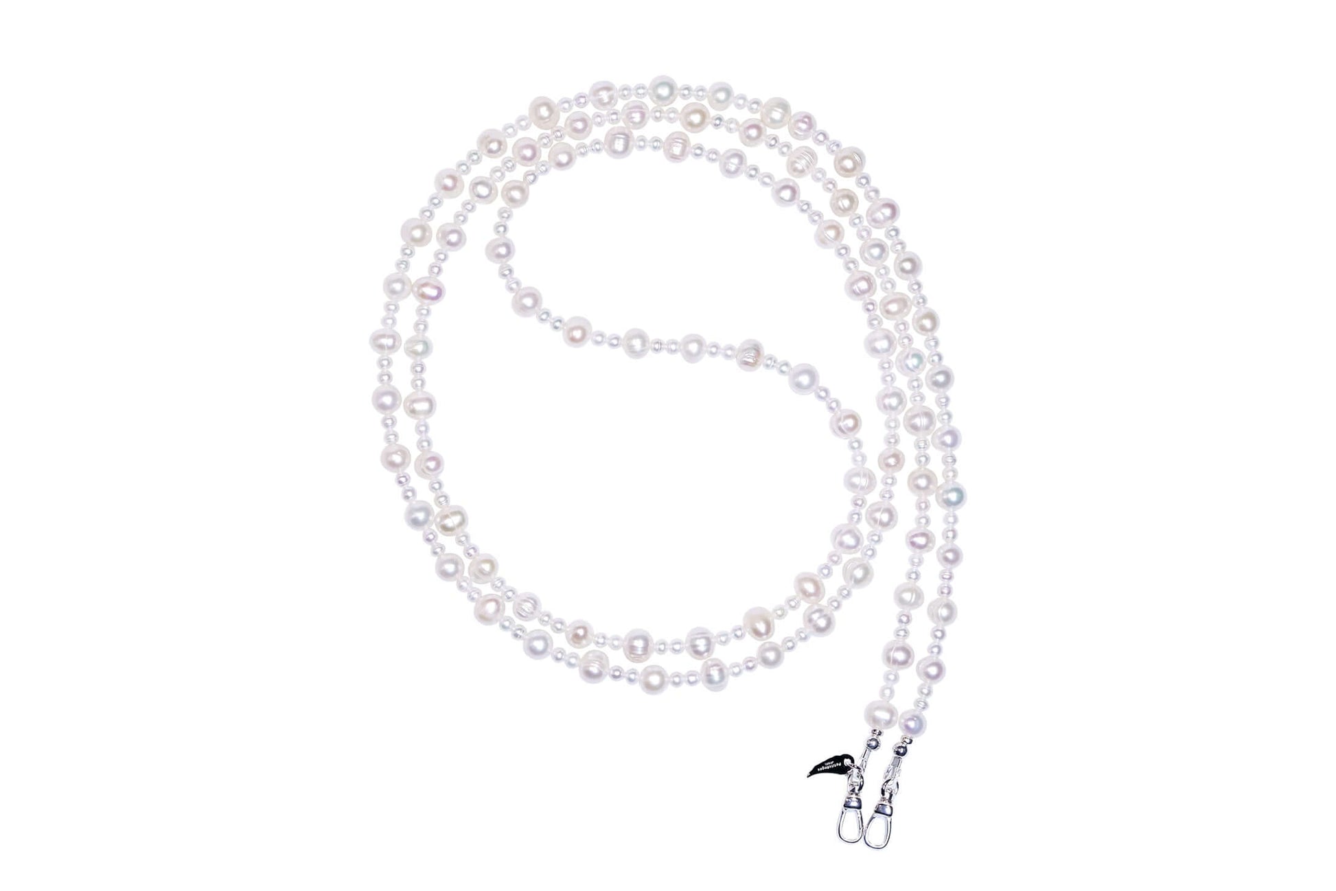 Classic pearl cross-body phone strap featuring natural pearls of varying sizes on a white background.