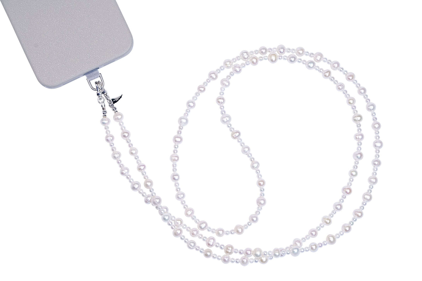 Natural pearl cross-body phone strap necklace for elegance and practicality.