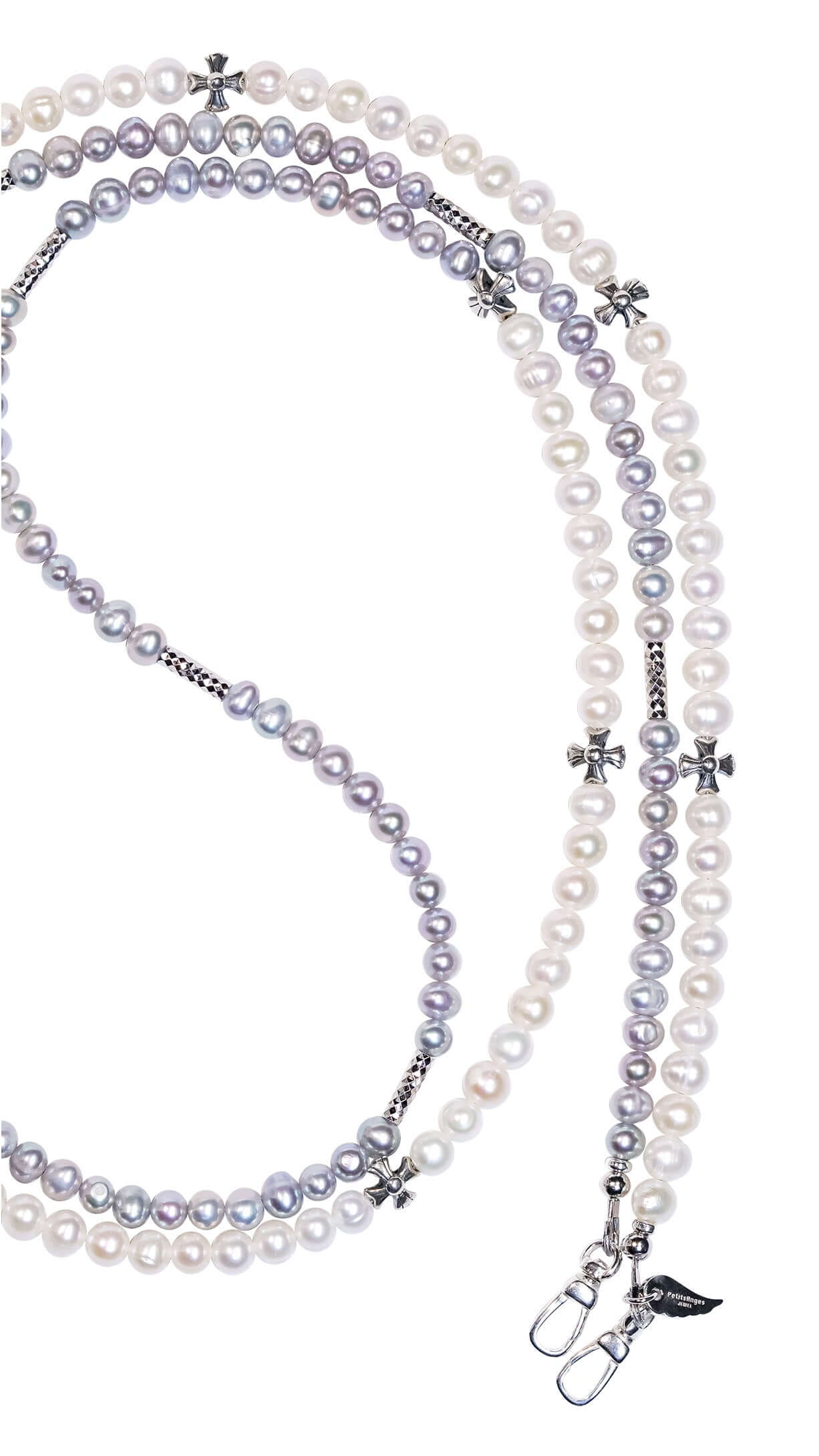 Pearl-Silver charm phone strap with white and silver freshwater pearls and S925 silver hardware, adaptable as a necklace or strap.