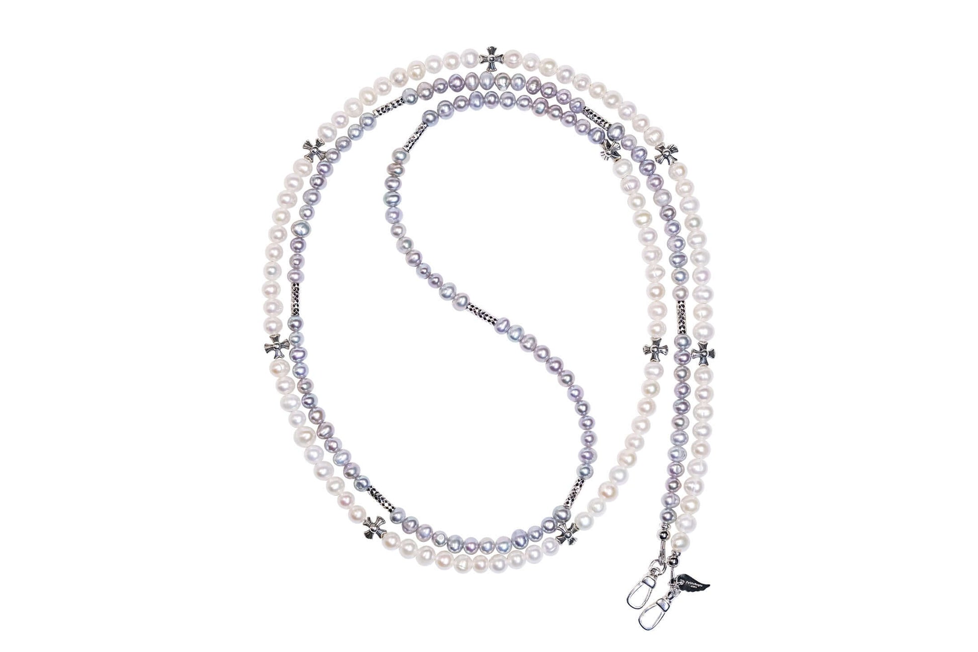 Pearl-silver cross-body phone strap with S925 silver charm, featuring white and silver freshwater pearls, 120cm long.