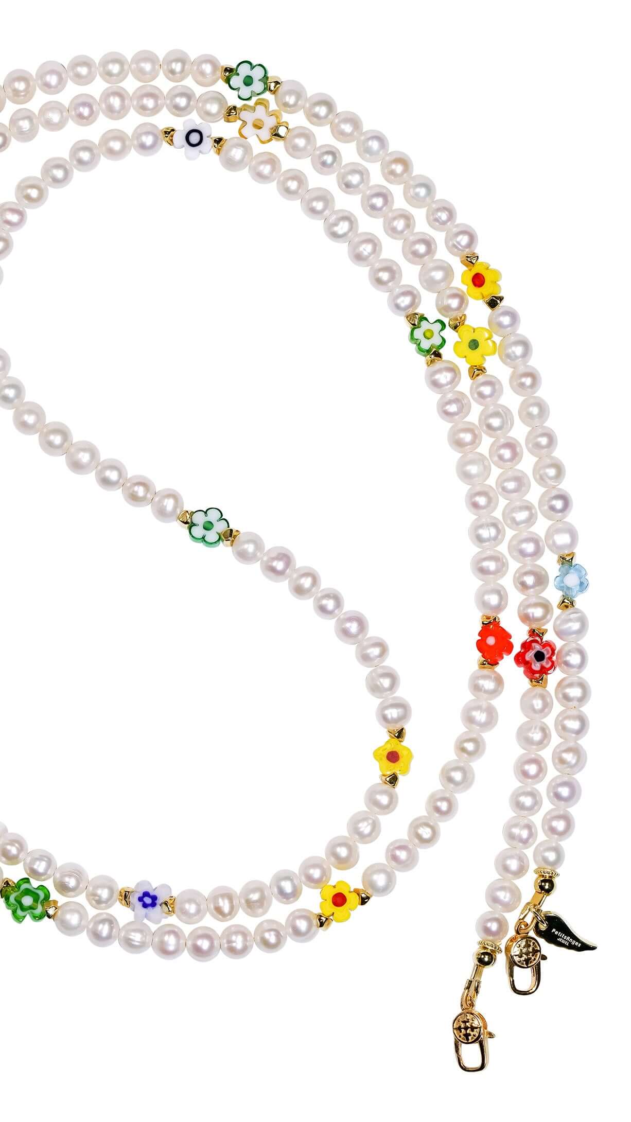 Elegant freshwater pearl and multicolor flower glass beads cross-body phone strap with 18K gold-plated S925 silver hardware.