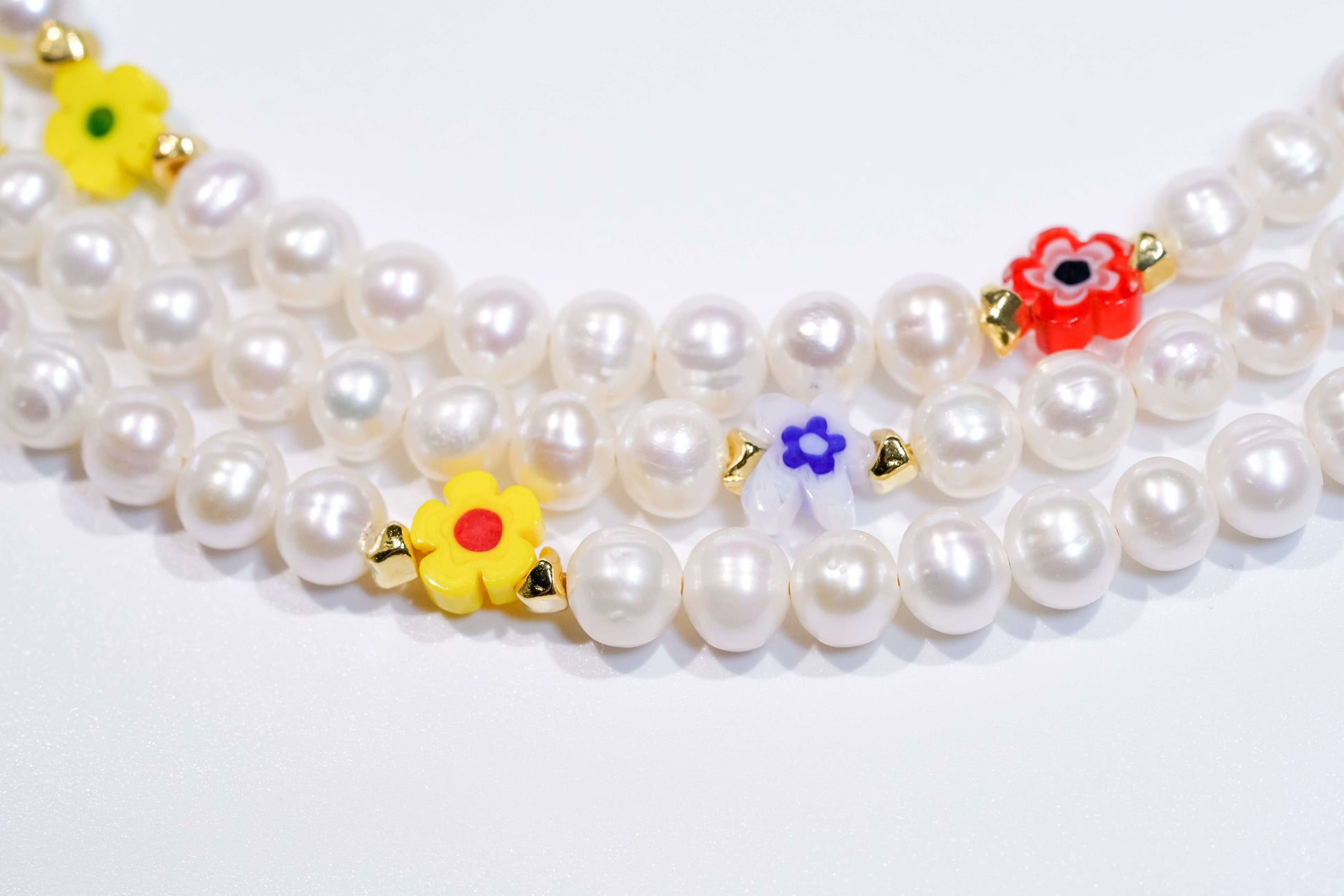 Freshwater pearl and multicolor flower glass beads necklace with S925 silver plated gold accents, 120cm length.