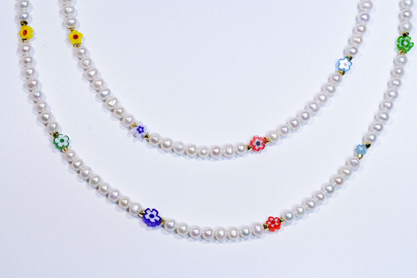 Pearl and multicolor flower glass bead phone strap, freshwater pearls with S925 silver plated 18K gold, can double as a necklace.