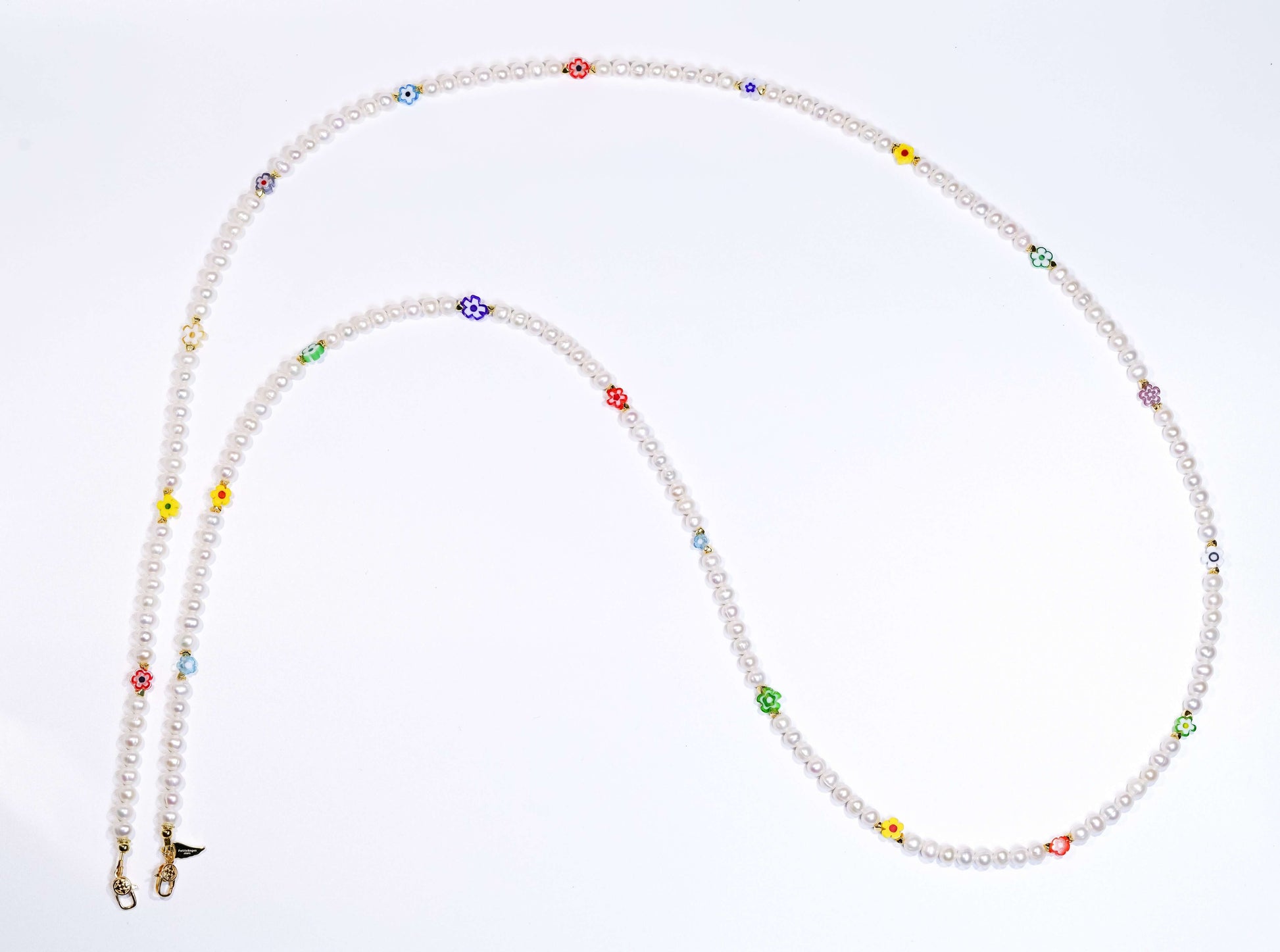 Pearl-flower glass beads cross-body phone strap necklace with multicolor charm, freshwater pearls, and silver-plated gold hardware.