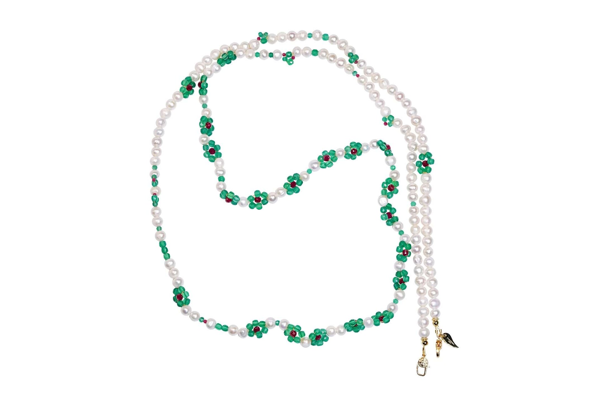 Pearl-green agate flowers cross-body phone strap/necklace, featuring natural pearls and artistic design for elegance.