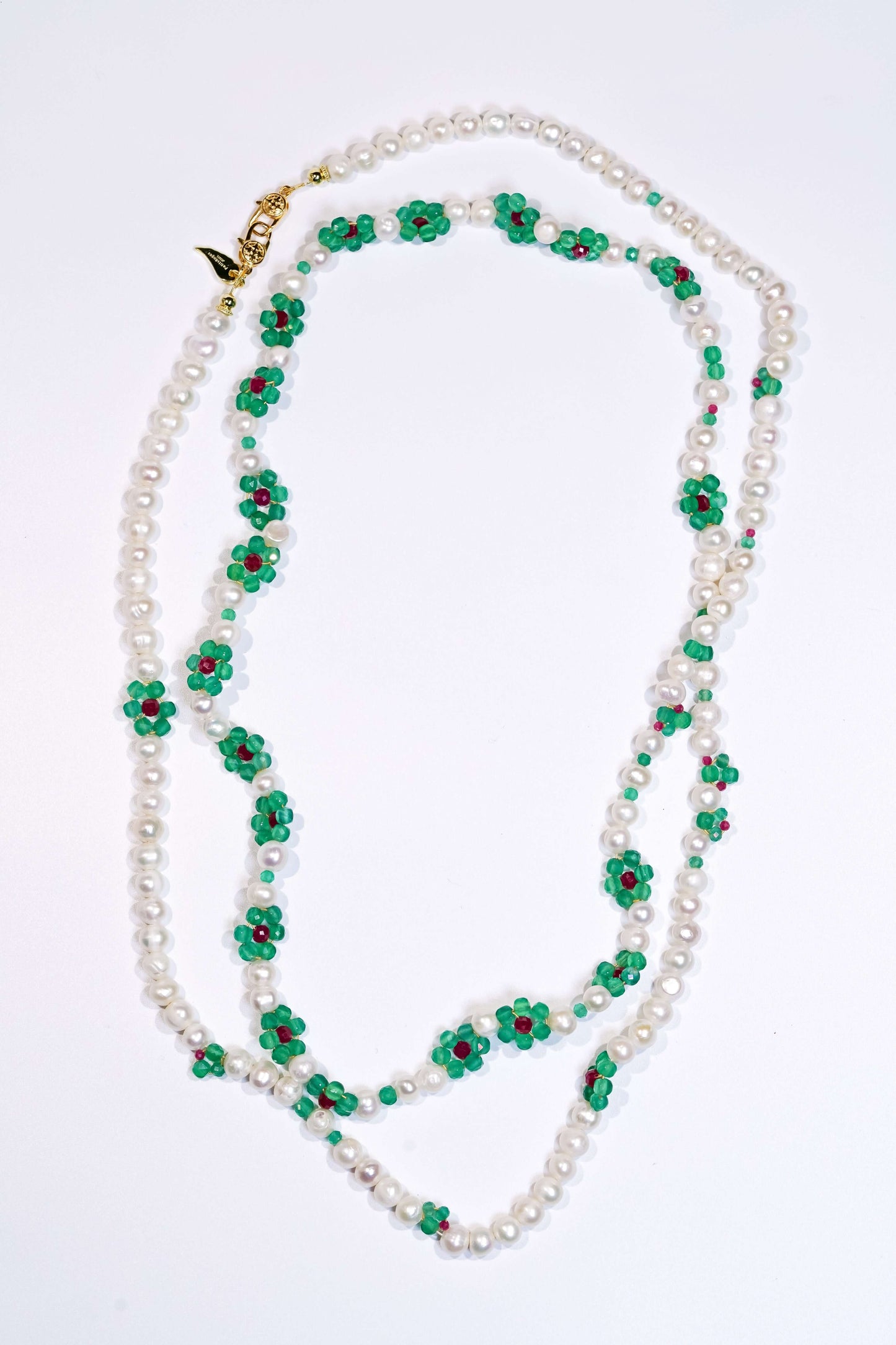 Pearl-green agate flower cross-body phone strap and necklace showcasing natural pearls and intricate floral design.