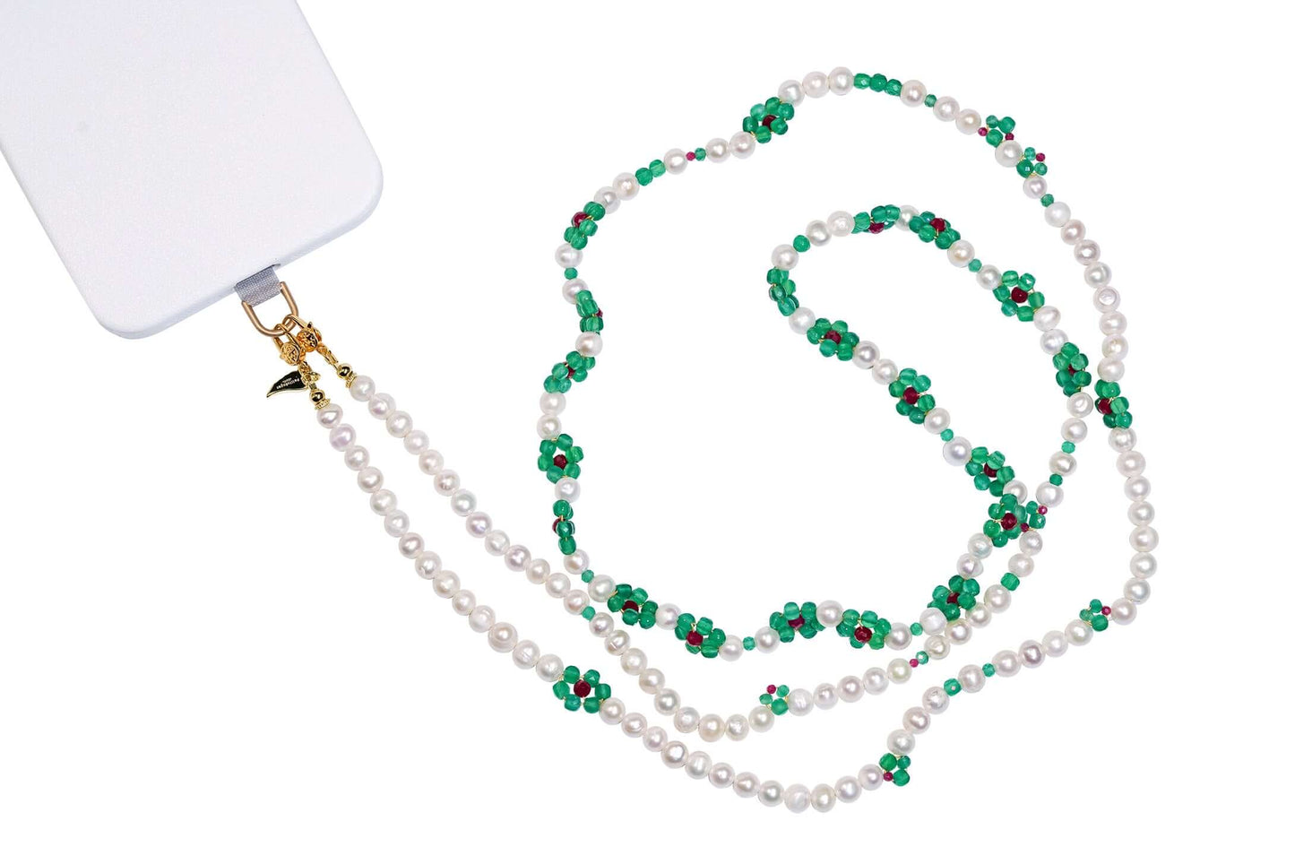 Cross-body phone strap with natural pearls and green agate flowers, stylish necklace accessory for practical elegance.