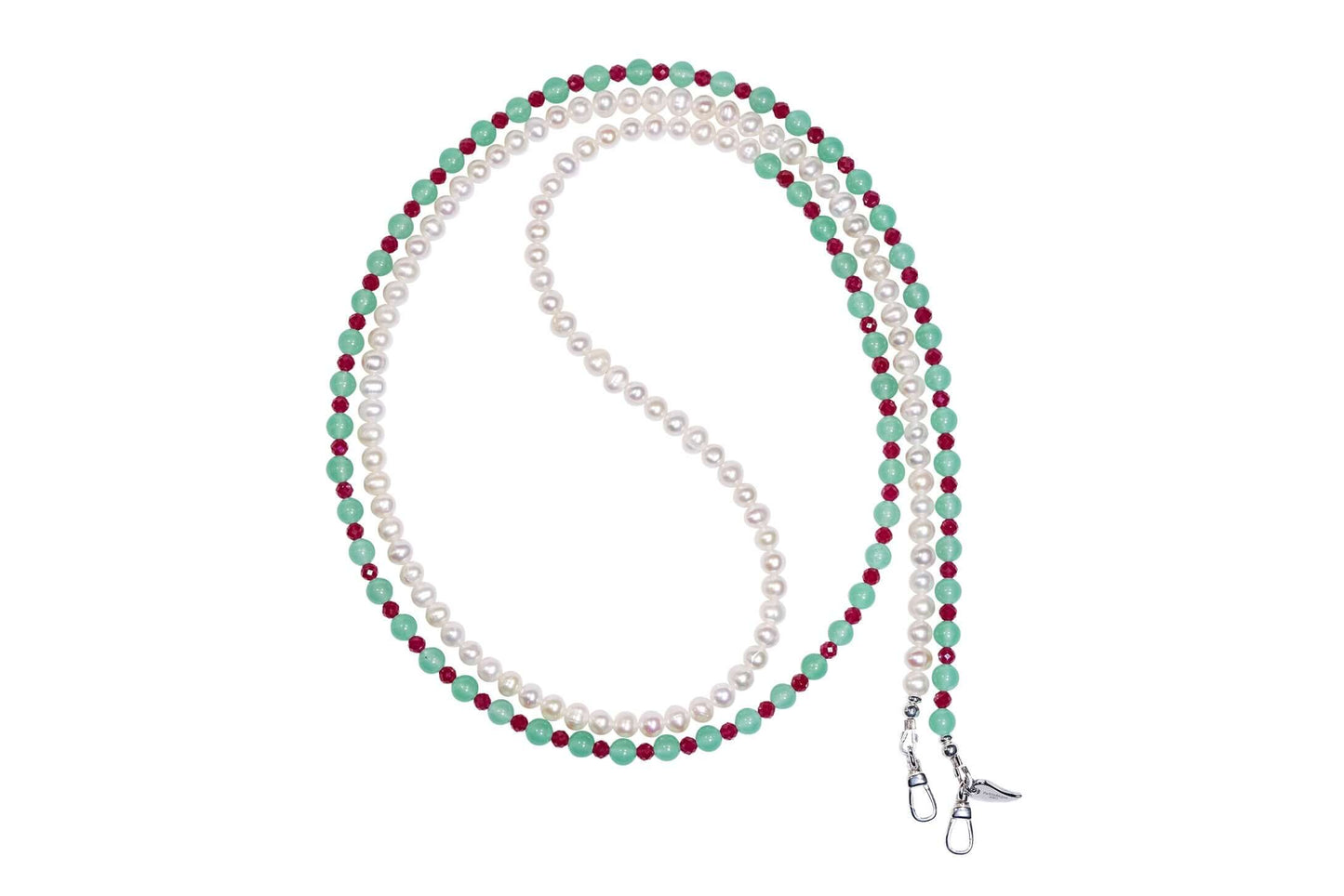 Pearl and aventurine cross-body phone strap/necklace with ruby accents, showcasing a stylish two-way design.