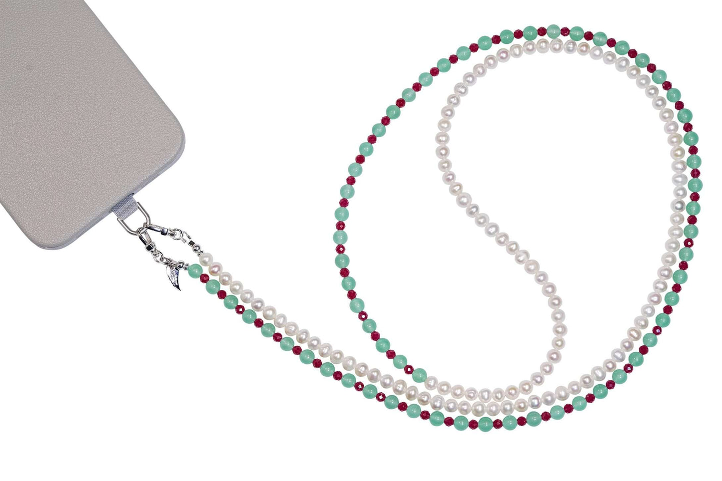 Cross-body phone strap/necklace with natural pearls, aventurine, and rubies for stylish convenience.