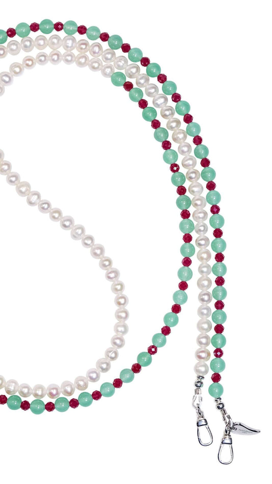 Pearl and aventurine cross-body phone strap/necklace with ruby accents, showcasing elegance and versatility.