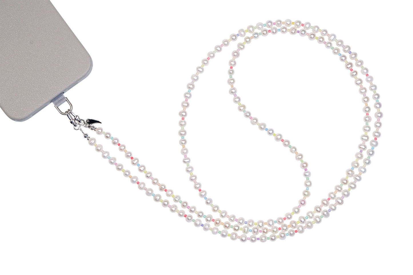 Cross-body phone strap with natural pearls and colorful glass beads, featuring a sleek design for two-way use.