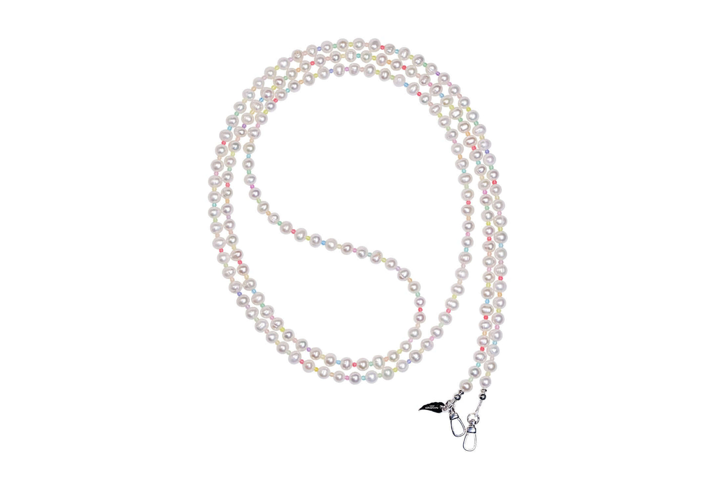 Pearl-glass cross-body phone strap and necklace with colorful beads and sterling silver accents, 120cm length.