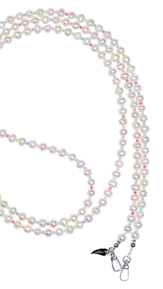 Pearl-glass cross-body phone strap and necklace features natural pearls and colorful glass beads with 925 silver accents.