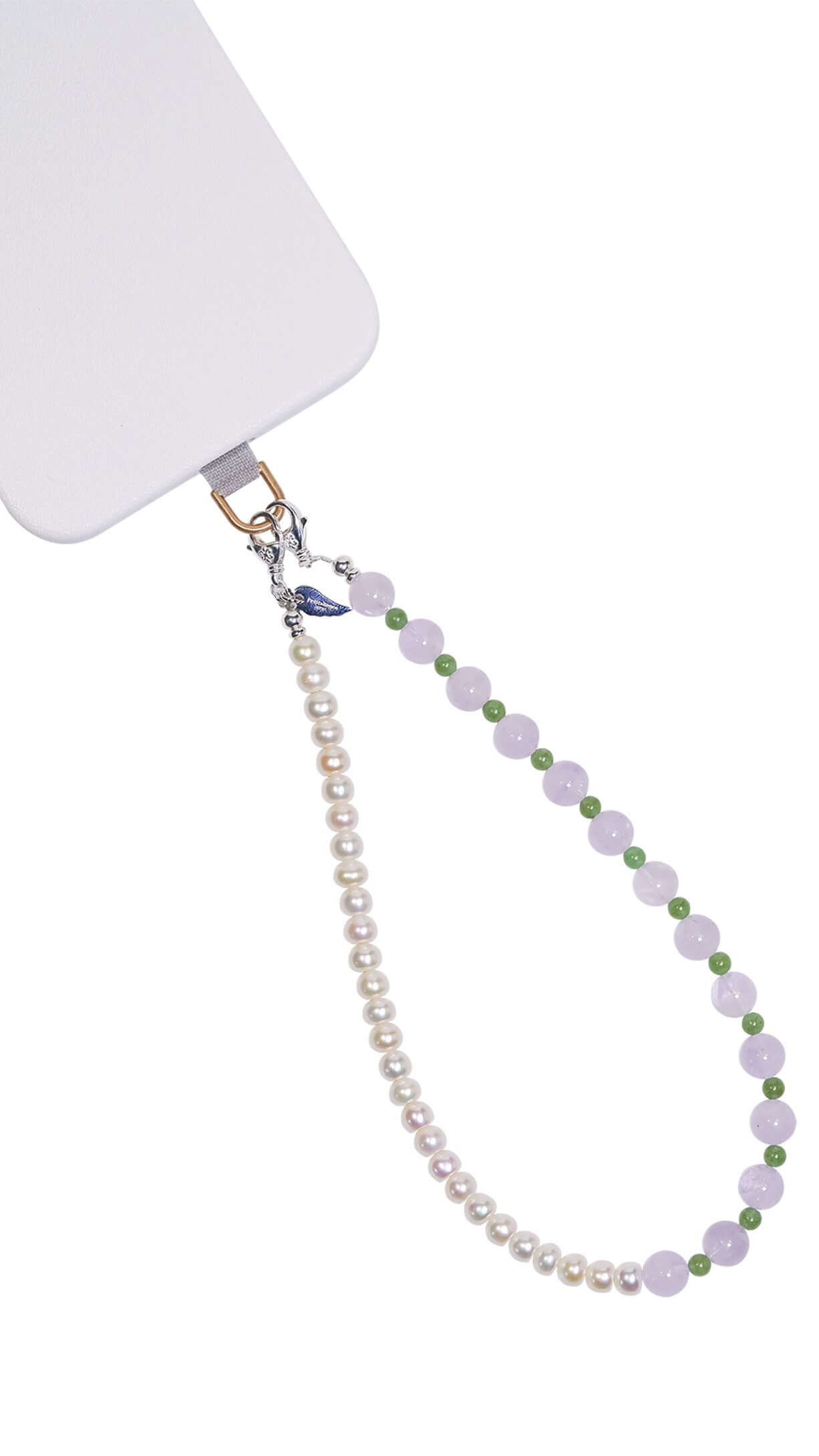 Pearl-lavender amethyst-nephrite jade phone charm and bracelet showcasing crystal and jade beads on a mobile device.